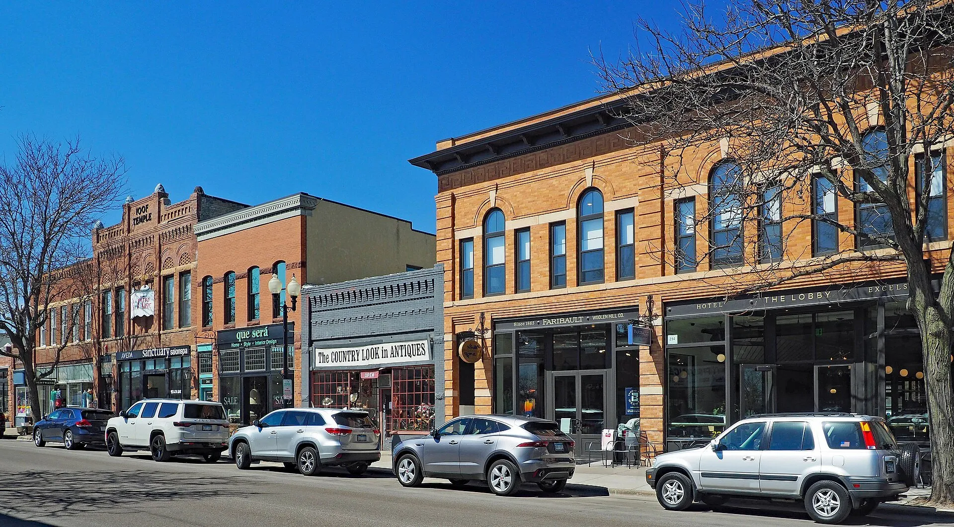 Brick storefronts of the Excelsior Commercial Historic District on Water Street