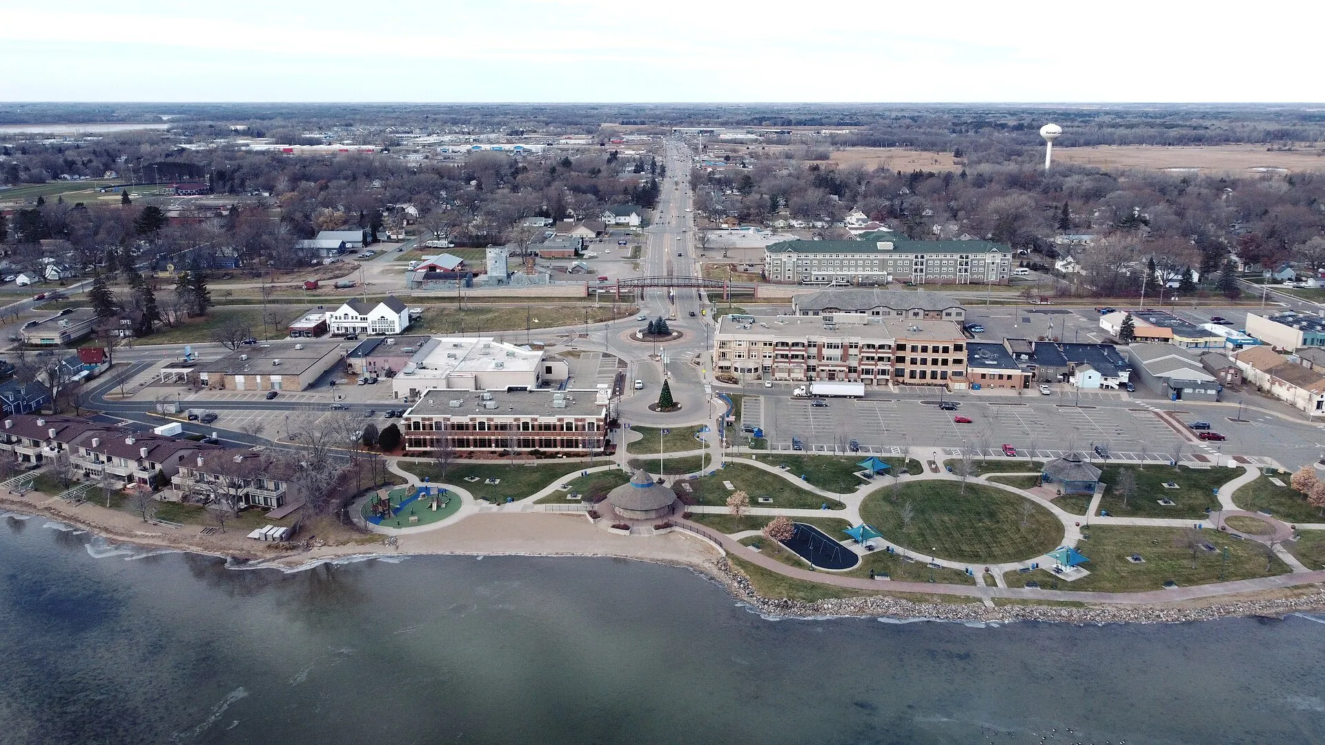 Aerial view of downtown Forest Lake along the lakeshore