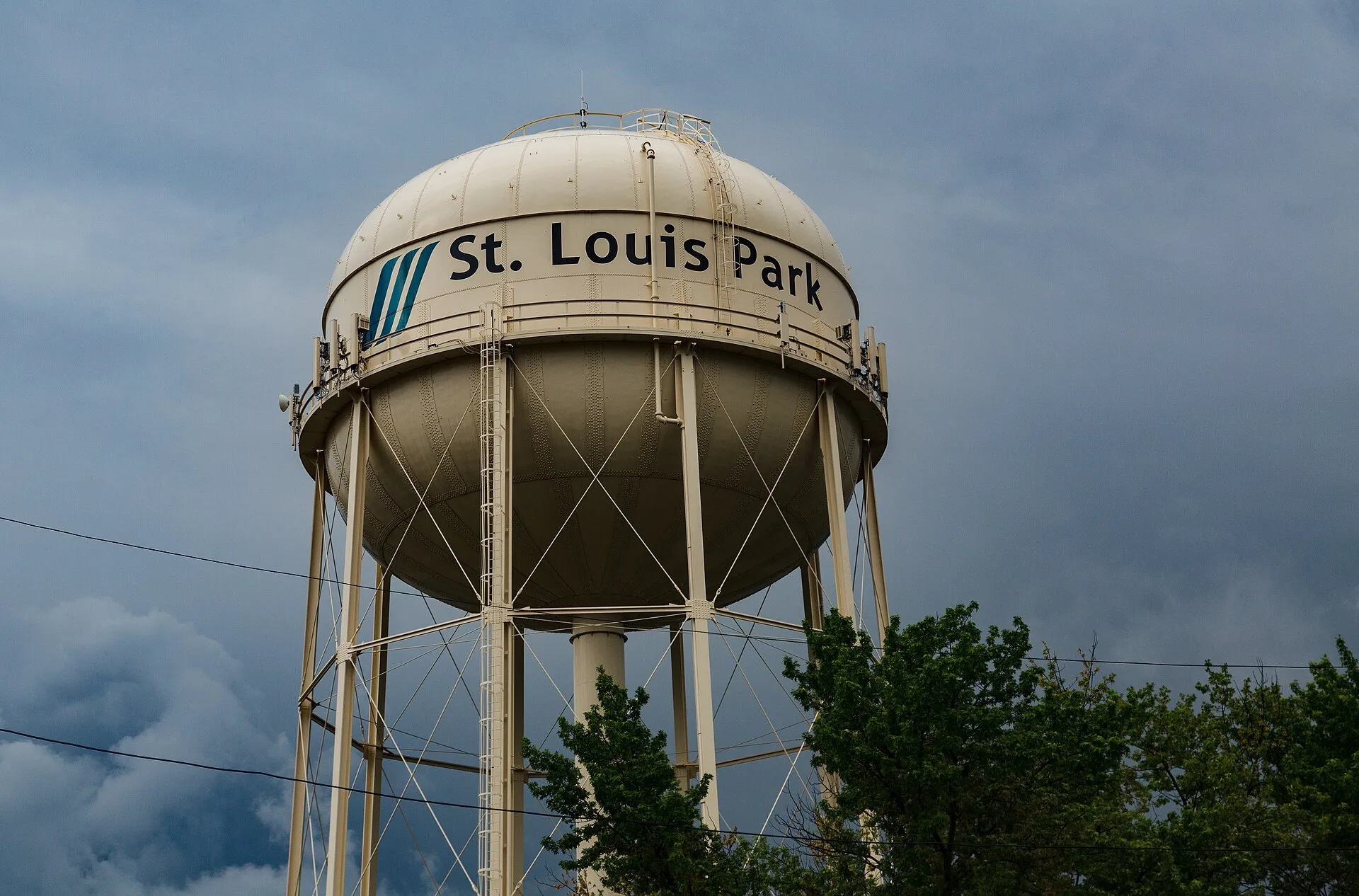 The St. Louis Park water tower against a cloudy sky
