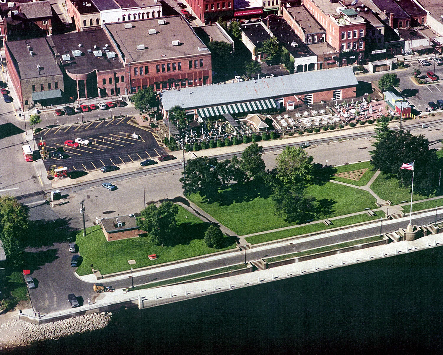 Aerial view of the Stillwater riverfront and lift bridge on the St. Croix River
